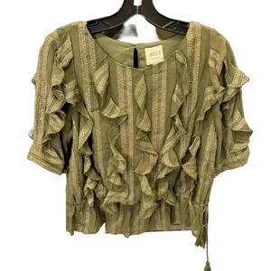 MISA Los Angeles green w metallic stripe short sleeve ruffle blouse size XS